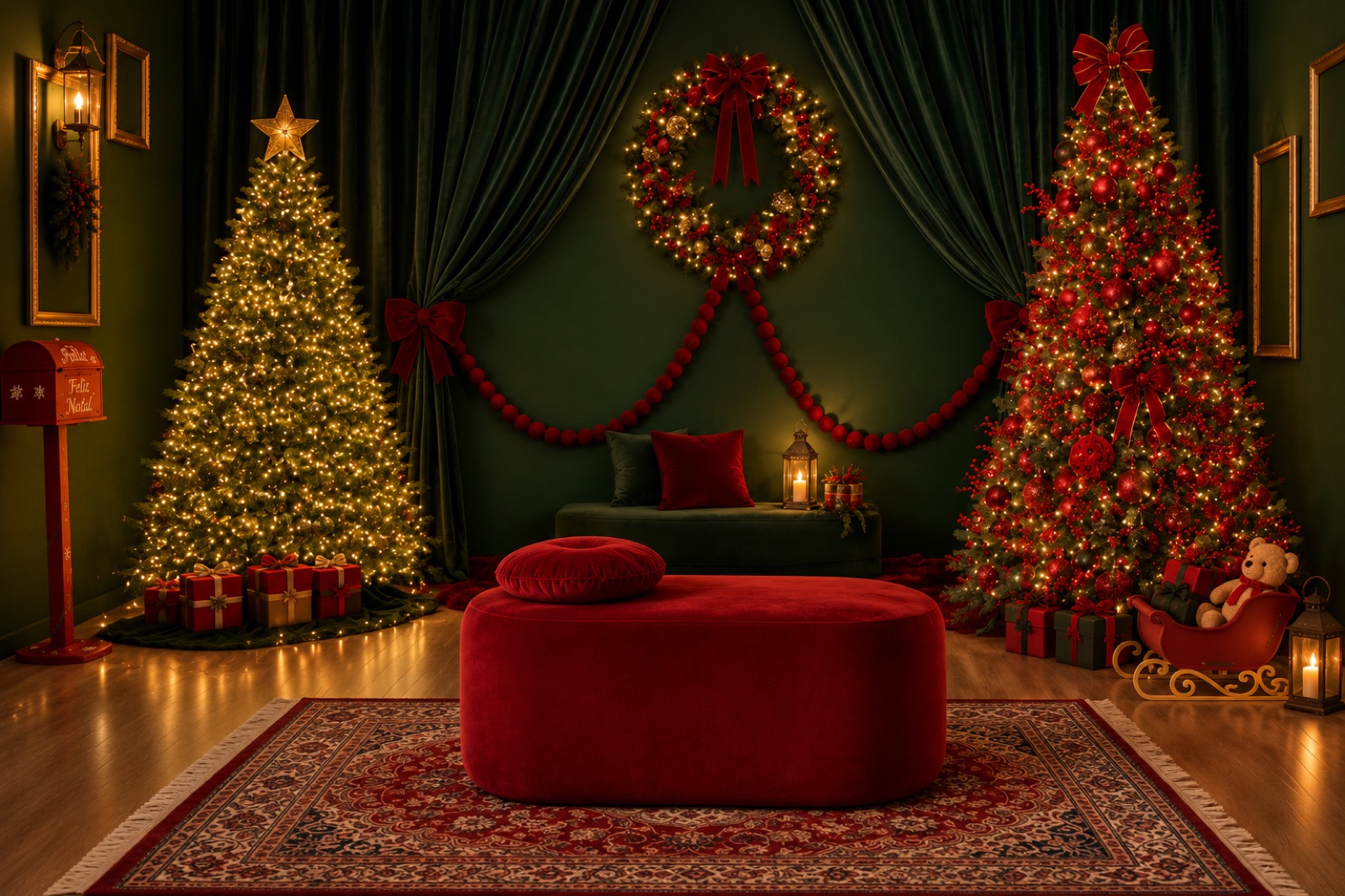Cenário de Natal do Studio Cris Teston com árvores iluminadas, cortinas verdes e assento vermelho